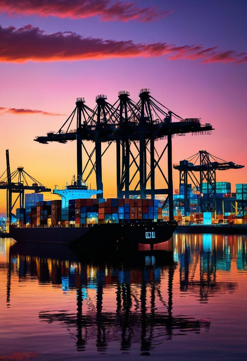 A futuristic port at sunset with towering cranes loading sleek, innovative cargo ships. In the background, the iconic Aerial Lift Bridge of Duluth rises majestically. Futuristic containers neatly stacked, glowing with holographic data overlays. super-realistic. vibrant colors. nautical theme.