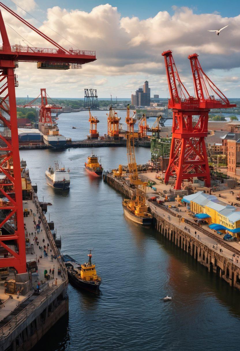 A bustling port scene with ships docked, cranes lifting cargo, and workers in high-visibility vests. The iconic Duluth Aerial Lift Bridge stands majestically in the background, with seagulls soaring above. Include dynamic elements like waves hitting the shore and bustling activity on the docks to convey the city's vibrancy. super-realistic. vibrant colors.